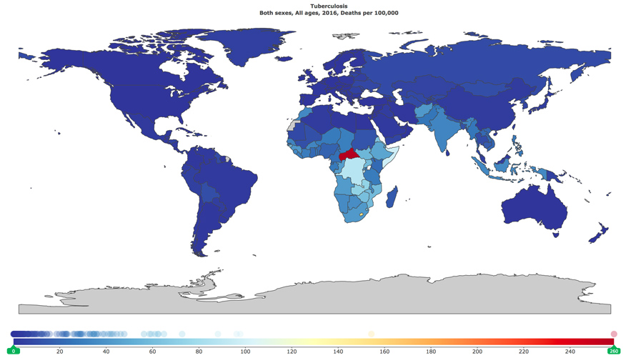 Map showing global TB deaths in 2016 per 100,000. The map shows that most countries have close to zero deaths from TB. However in Southern and Southeast Asia, and in Africa, the numbers go up into the 40-50s, or 100s. In the Central African Republic, which has the highest death rates in the world, that number is 260 per 100,000 deaths.