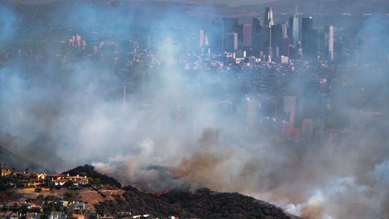 Houses in the foreground with smoke on a hillside rising into the air, with the LA skyline and mountains in the background.
