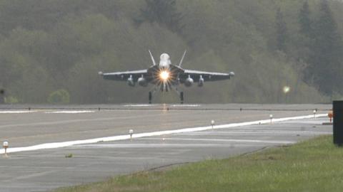 An EA-18G Growler jet lands at Naval Air Station Whidbey Island