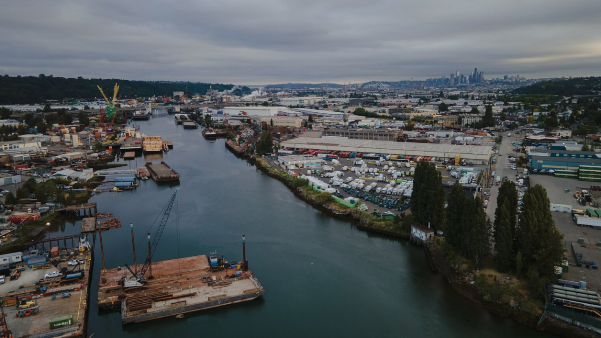 A view of the Duwamish River looking straightened and developed for industry.